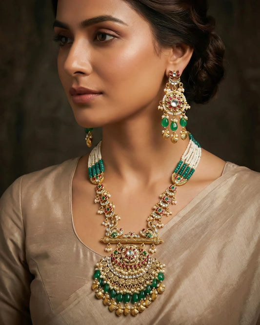Kundan Necklace Set, Green Beads, Gold Choker, Bridal Wedding Jewelry