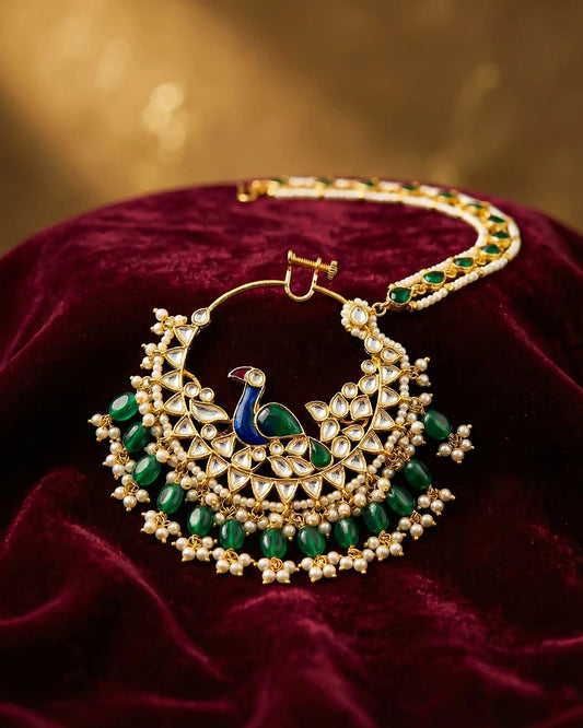 Peacock Bridal Nath, Kundan Gold Plated Indian Wedding Nose Ring, Green Beads Nath Jewelry