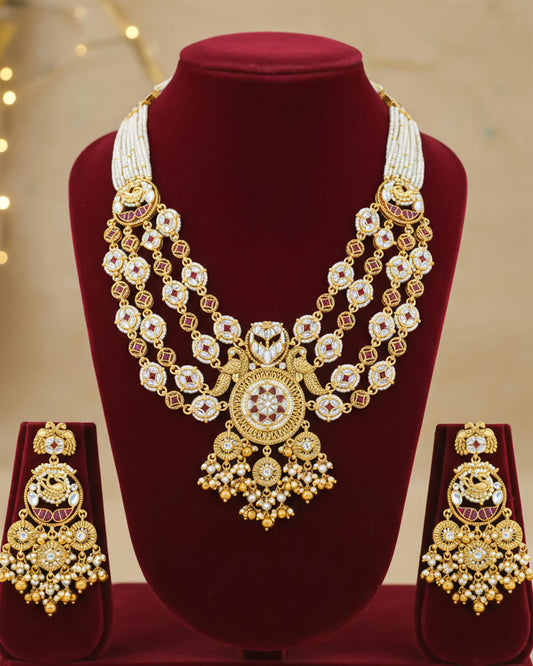 Multi-Layer Pearl Kundan Necklace Set – Gold Plated Ethnic Bridal Jewelry