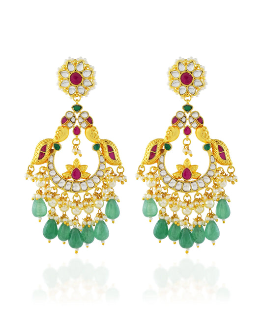 18K Gold Plated Peacock Chandbali Earrings, Kundan Polki, Pearls & Green Beads Jewelry