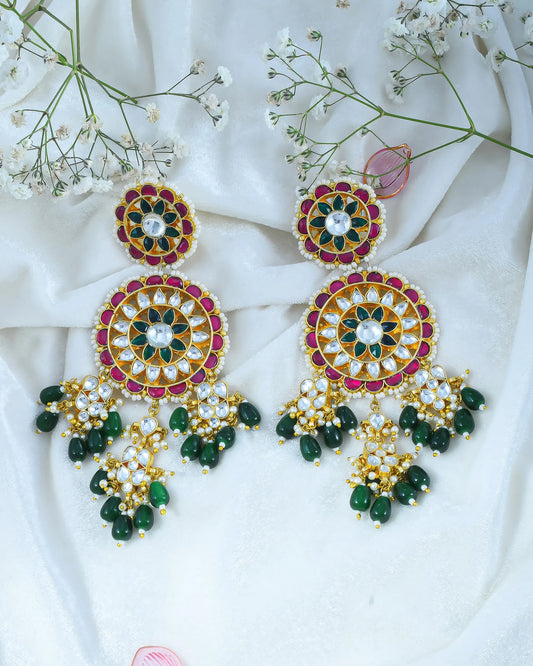 Gold Plated Polki Jadau Drop Earrings