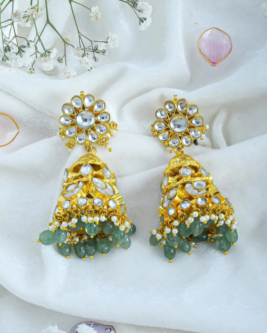 Gold-Plated Kundan Jhumka Earrings with Green Beads & Pearl Drops Jewelry