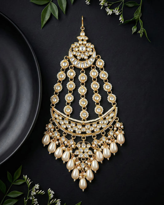 Royal Kundan Pearl Bridal Passa – 18k Gold Plated Mughal Side Headpiece Jewelry