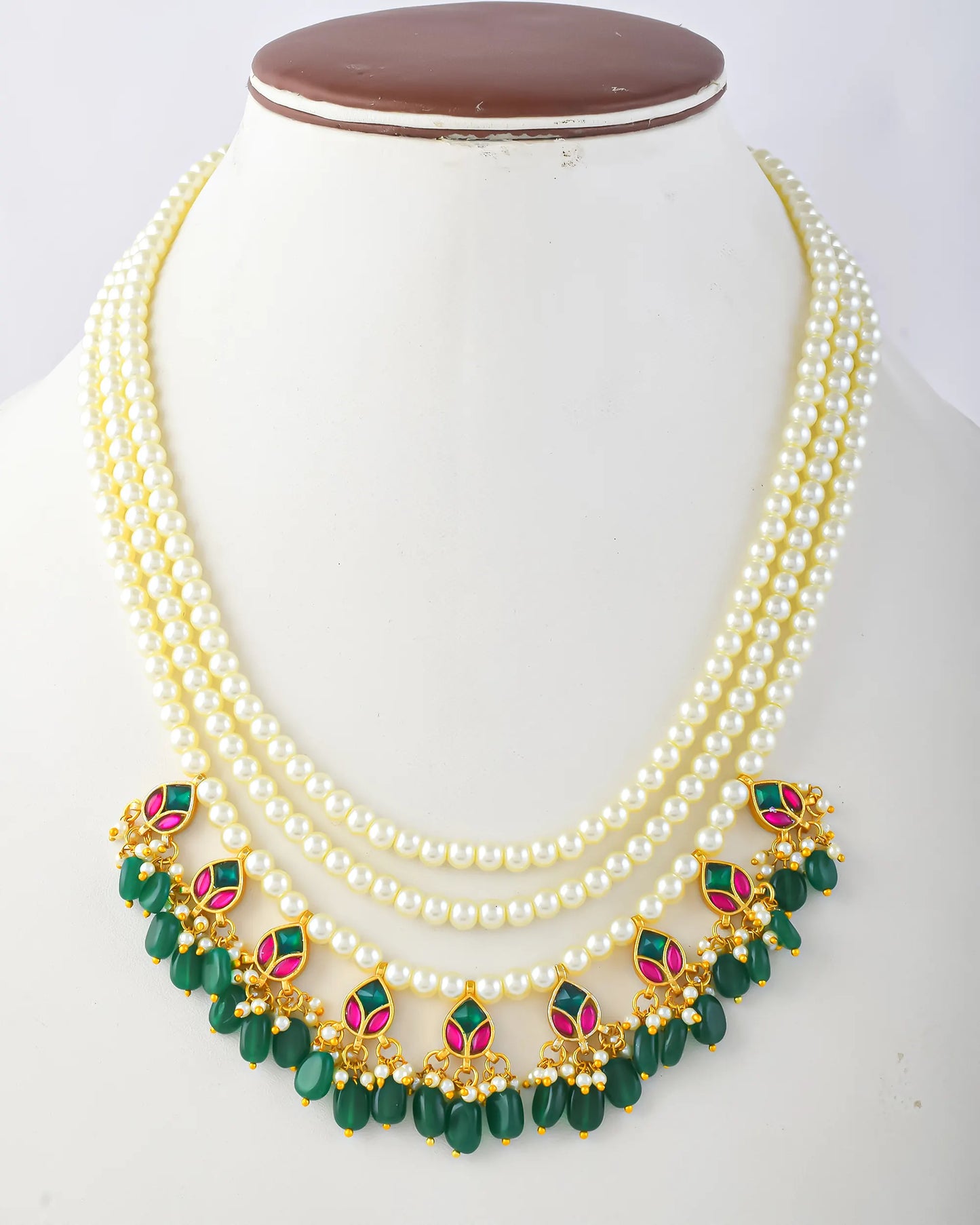 Handcrafted Kundan Raani Haar Set Pearl Necklace with Green Bead Earrings, Traditional Indian Bridal Jewelry