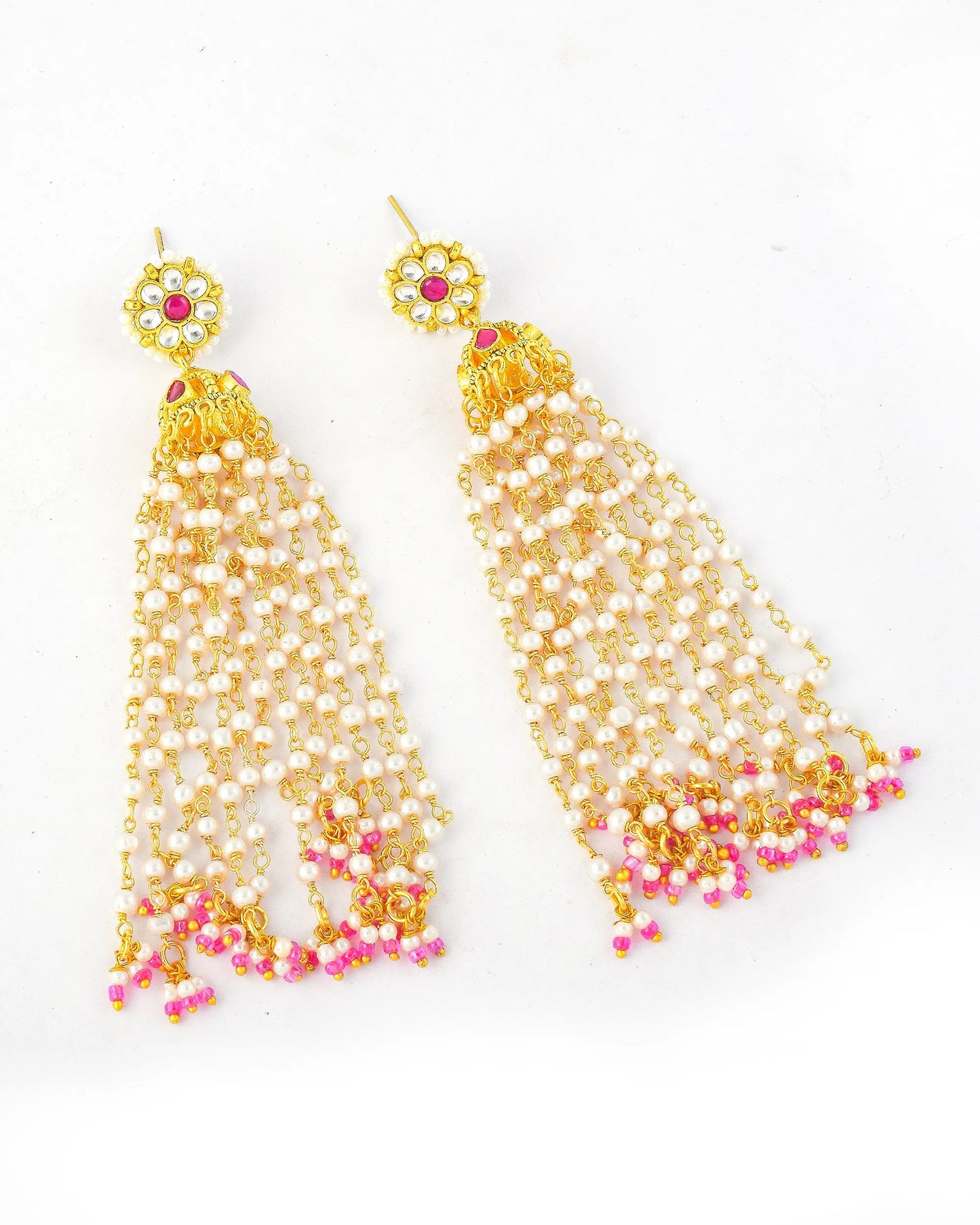 Kundan Pearl Tassel Earrings with Pink Beads