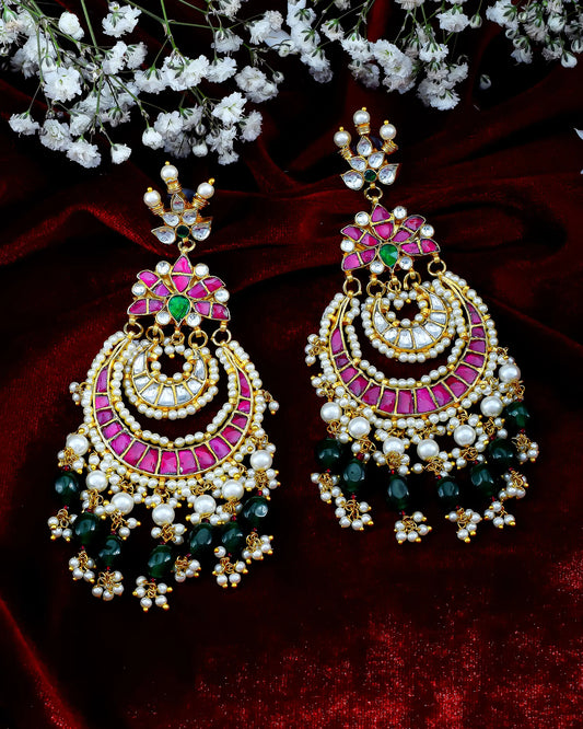 Jadau Chandbali Earrings, Gold Plated Polki, Pearl & Green and Pink Stone Drops Jewelry