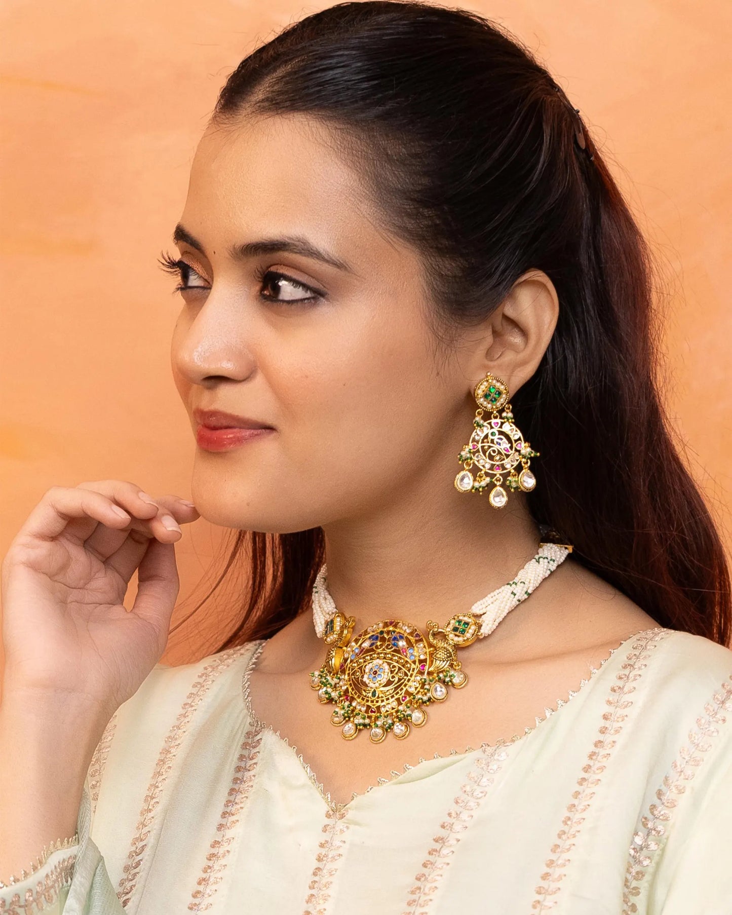 Multicolor Kundan Choker Set with Pearls, Indian Necklace & Earrings for Bride