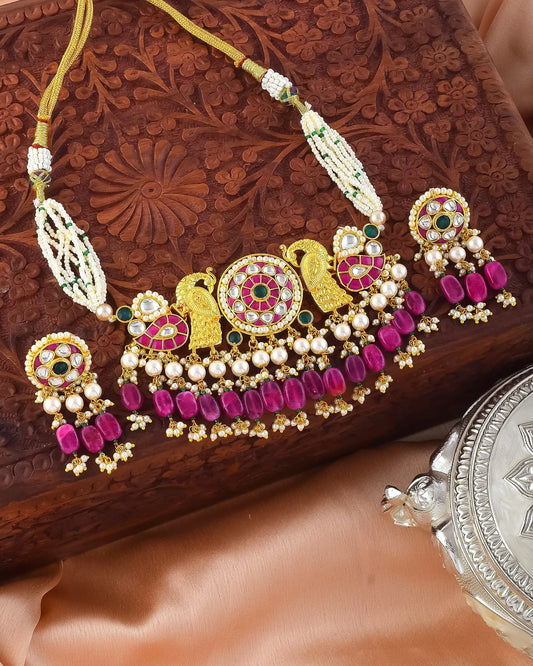 Kundan Peacock Choker Set with Pink Beads & Pearls – Ethnic Indian Jewelry
