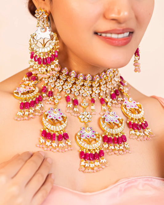 Pink Kundan Choker Set Jewelry – Gold Plated Indian Bridal Necklace & Earrings