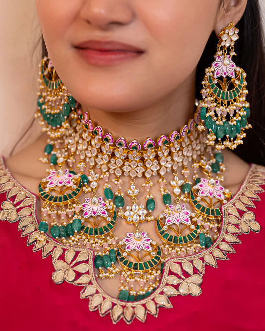 Gold Plated Kundan Choker Set with Multicolor Stones, Meenakari Bridal Necklace, Traditional Indian Jewelry
