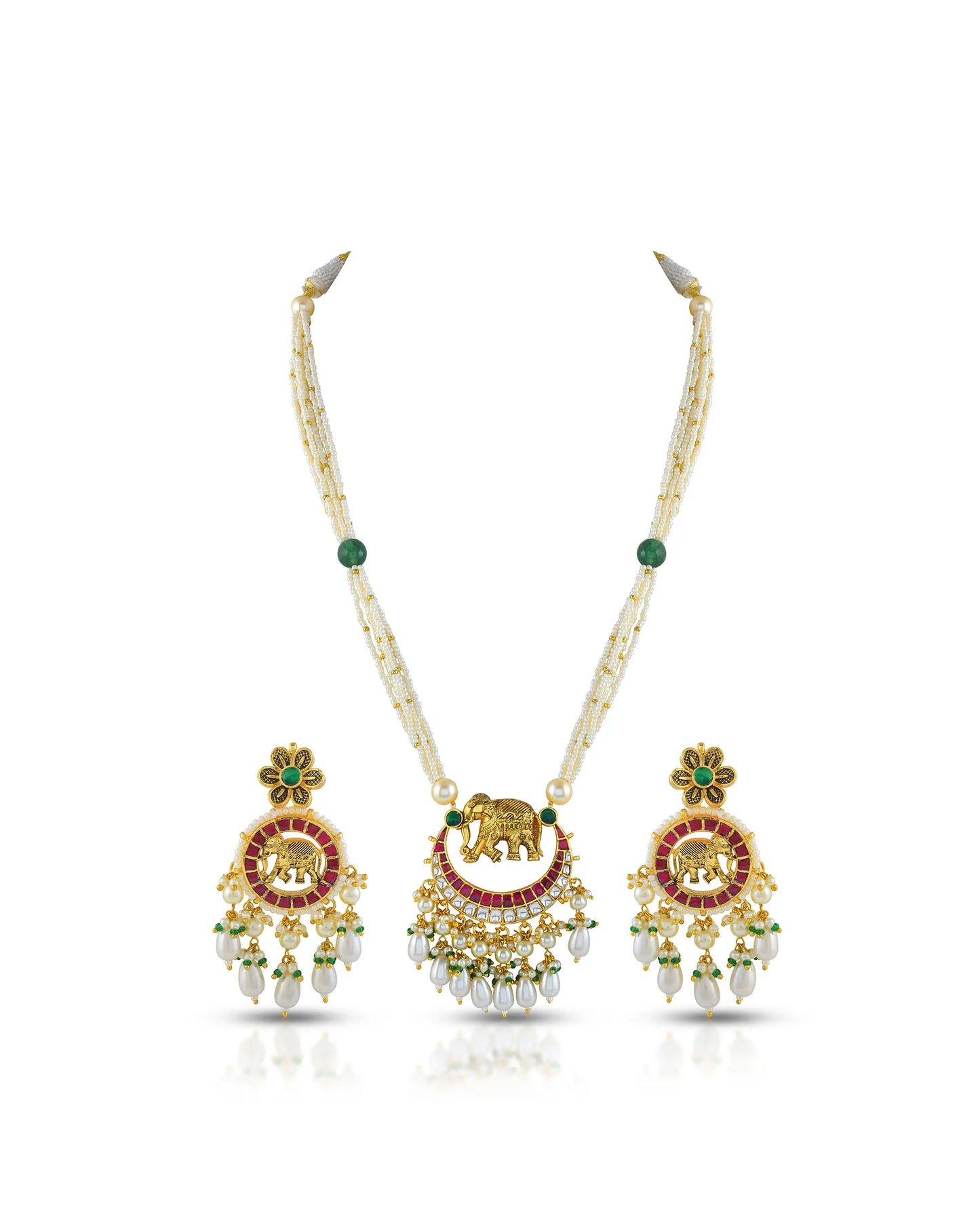 Elephant Kundan Necklace Set with Multi-Strand Pearls Royal Bridal Jewelry