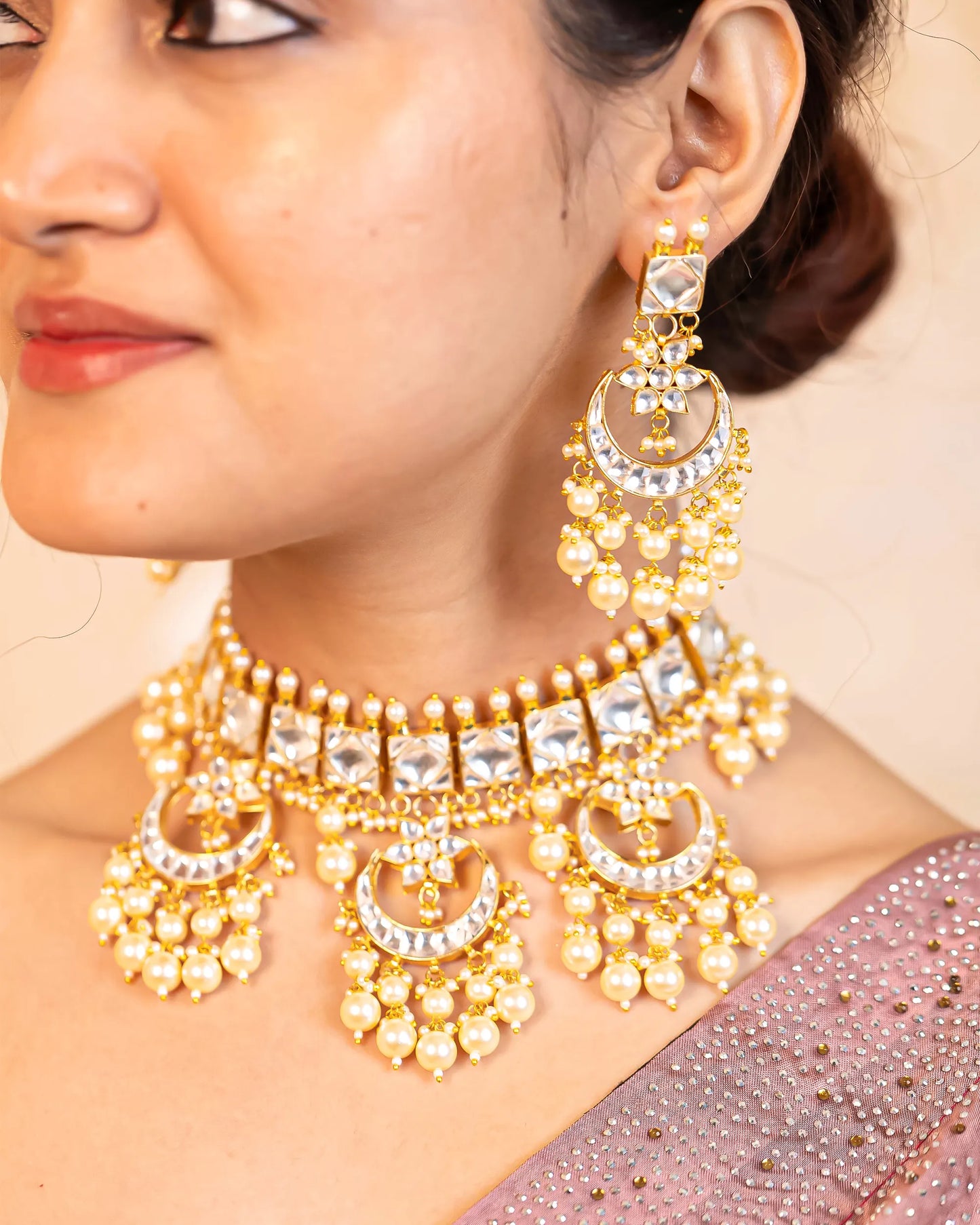 Traditional Polki Kundan Choker Set, Pearl Wedding Necklace & Earrings, Bridal Ethnic Jewelry