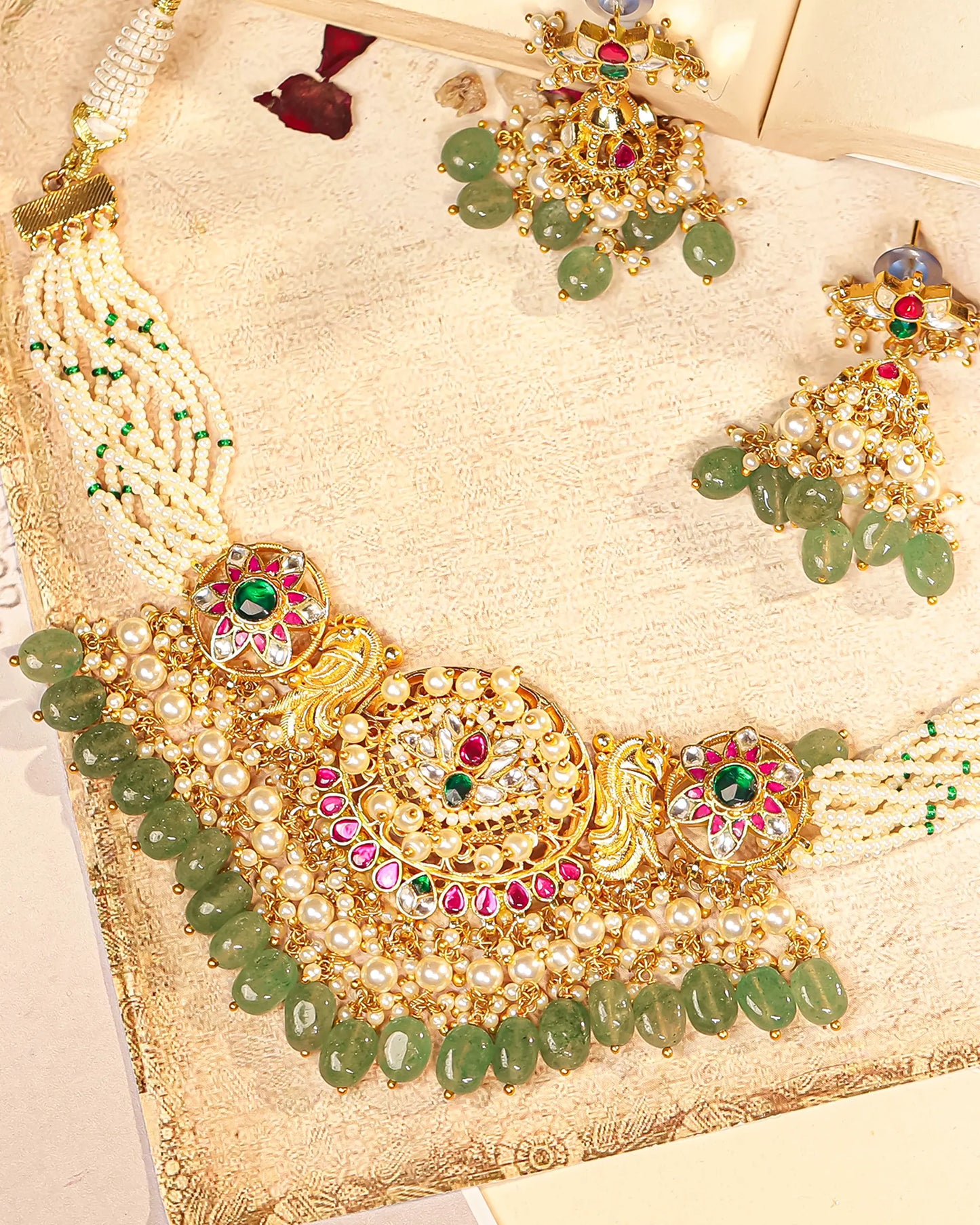 Kundan Stone Choker Necklace Set with Pearl Beads, Indian Handmade Bridal Jewelry
