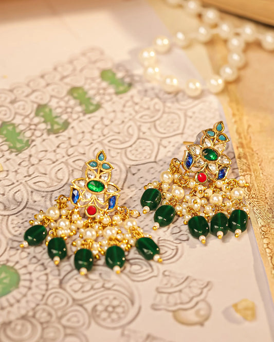 18K Gold Plated Kundan Choker Set, Green Bead Bridal Necklace, Handmade Indian Wedding Jewelry