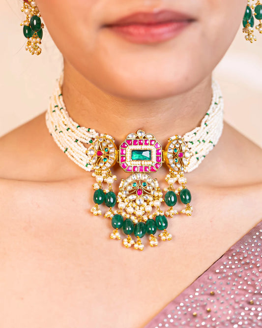 Gold Plated Kundan Choker Set – Green Pink Beaded Bridal Jewelry