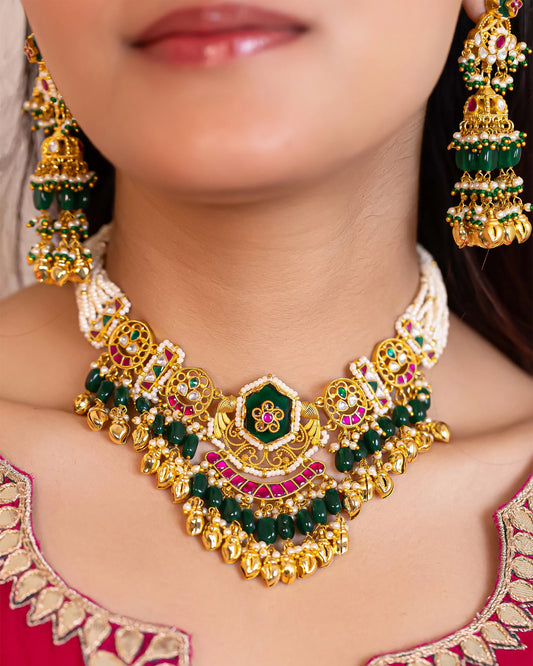 Handcrafted Kundan Bridal Choker Set – Green Beads & Pearl Necklace Jewelry