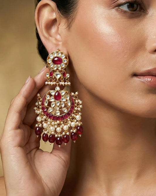 18K Gold Plated Jadau Earrings, Red Beads & White Pearl Ethnic Jewelry