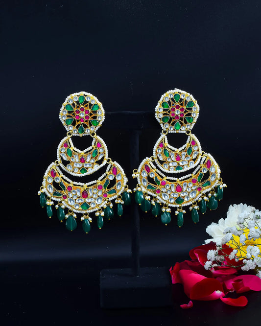 Traditional Jadau Chandbali Earrings in 18K Gold Plating | Kundan Polki Bridal Set