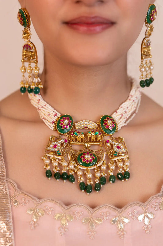 Multi Strand Pearl Choker Necklace Set with Green Kundan Pendant, Indian Bridal Jewelry, Wedding Necklace, Gold Choker with Earrings