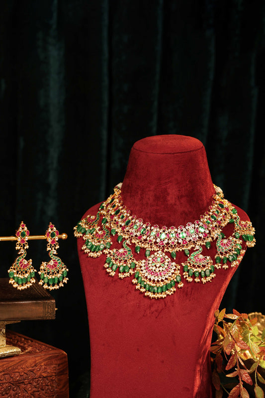 Peacock Design Pink and Green Beads Bridal Necklace & Earrings Set – Wedding Jewelry