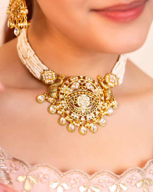 Traditional Kundan Pearl Choker Set – 18K Gold Plated Wedding Necklace Jewelry