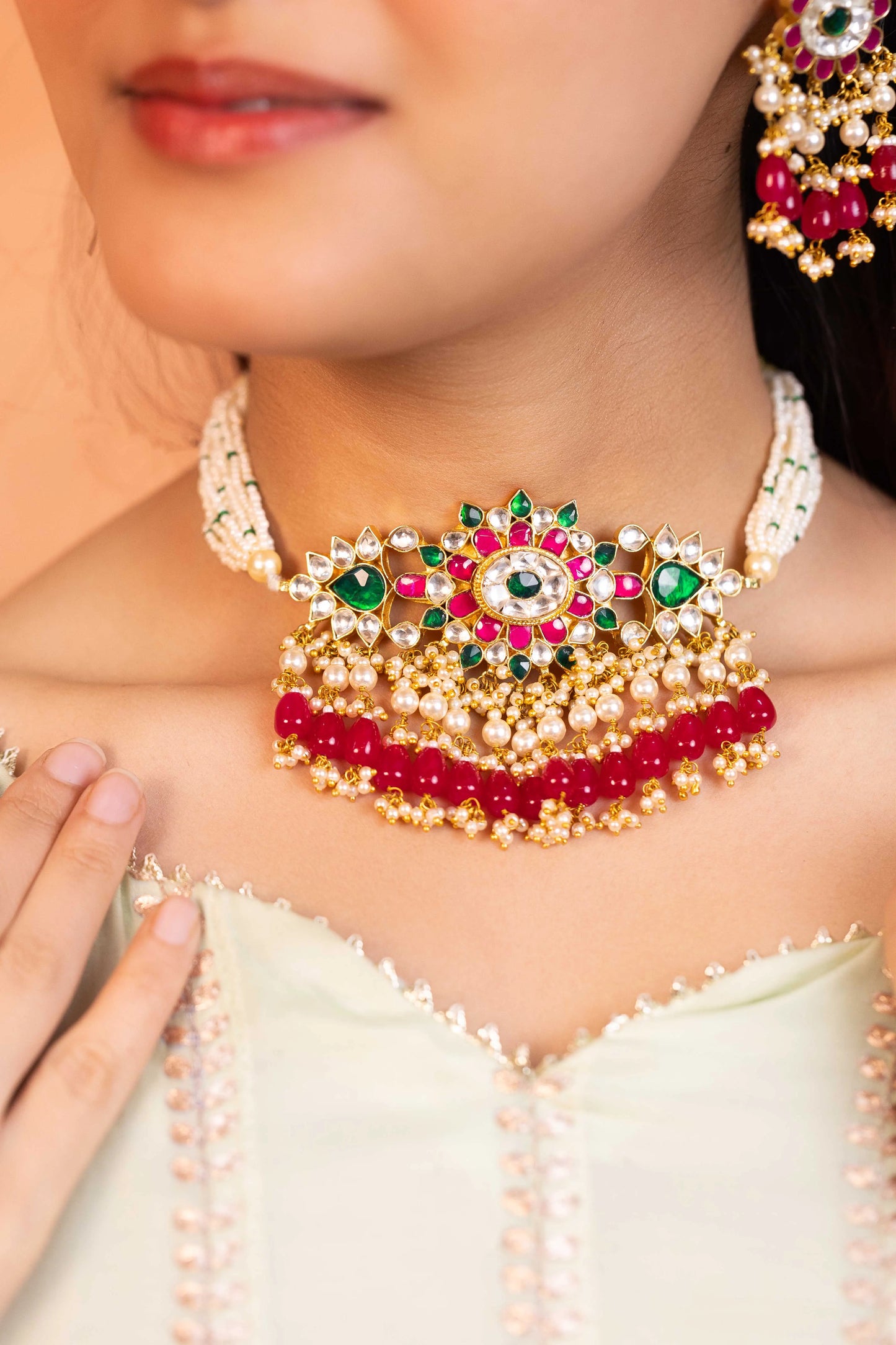 Bridal Red Kundan Choker Jewelry Set, Gold Plated Indian Earrings