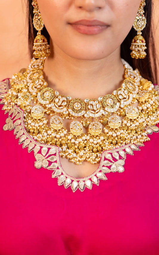 Gold Kundan Bridal Necklace Set with Pearl Jhumka Earrings, Traditional Indian Wedding Jewelry, Statement Choker Set