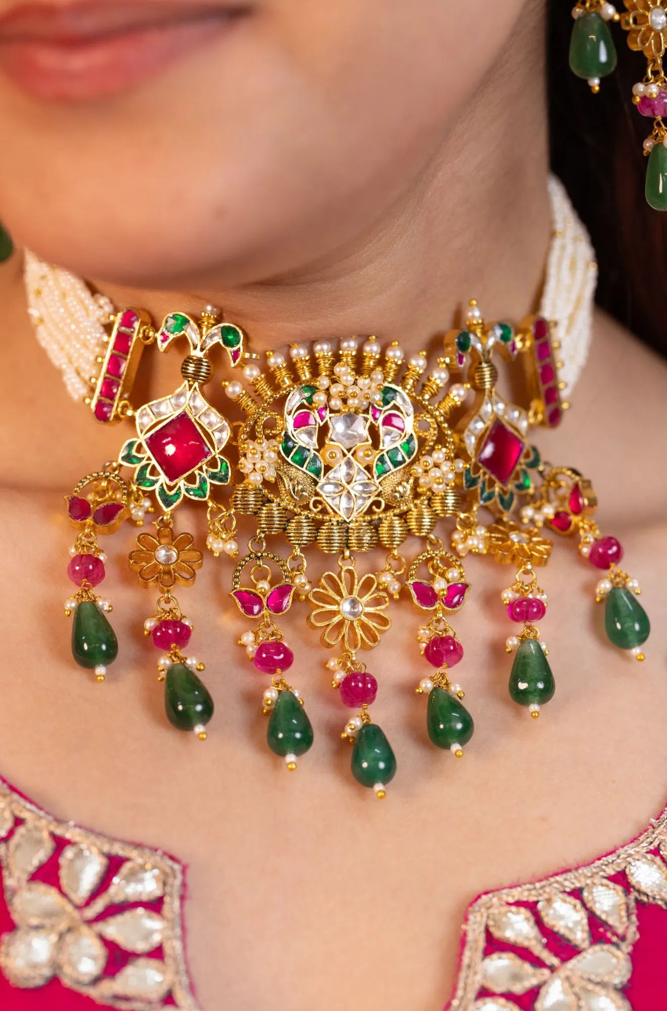 Handicraft Kundan Pearl Choker Set Jewelry, Green & Pink Bead Necklace Earrings