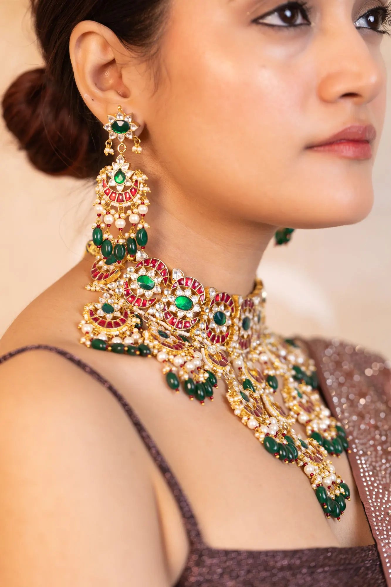 Kundan Choker Set, Green Bead Indian Bridal Handicrafts Fashion Jewelry