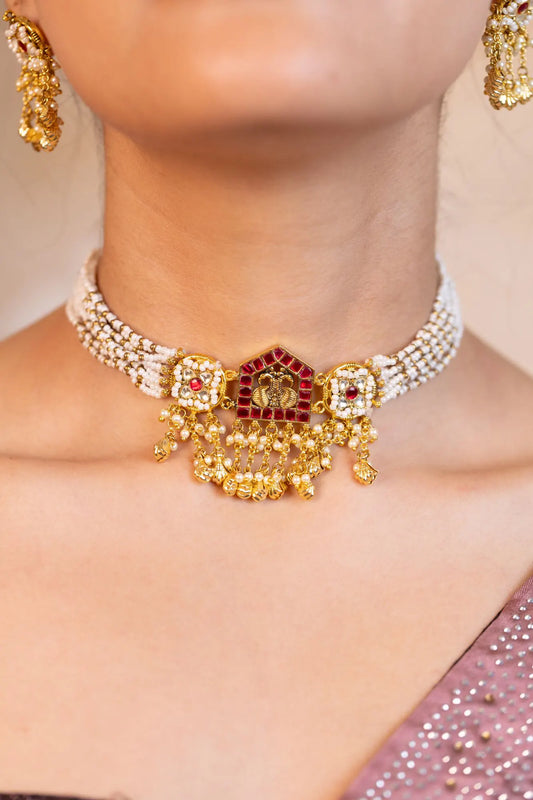 Handmade Choker Necklace Set with Earrings, Pearl Multi Strand Indian Wedding Jewelry, Polki Gold Choker, Ethnic Bridal Jewelry Set