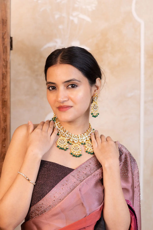 Kundan Polki Choker Green Beads Necklace Set: Indian Wedding Jewelry, 18k Gold Plated Bridal Jewelry Gift for her
