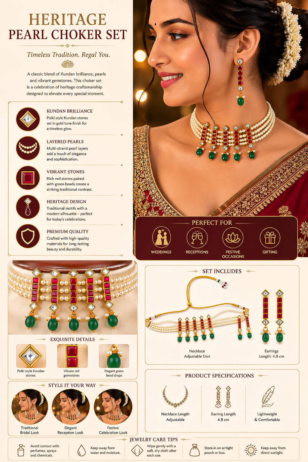 Handcrafted Kundan Choker Set Pearl Necklace, Green Bead Earrings, Gold Plated Bridal Jewelry Gift