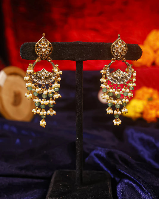 Kundan Chandbali Earrings with Pearl and Green Beads