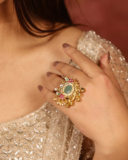 Traditional Kundan Adjustable Ring, Indian Bridal Statement Ring, Gold Plated Pearl Ethnic Cocktail Jewelry, Handmade Festive Ring