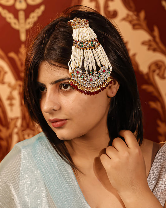 Royal Kundan Passa Jewelry Pearl Strand Matha Patti, Mughal Side Headpiece, Gold Plated Bridal Passa for Wedding & Eid Jewelry