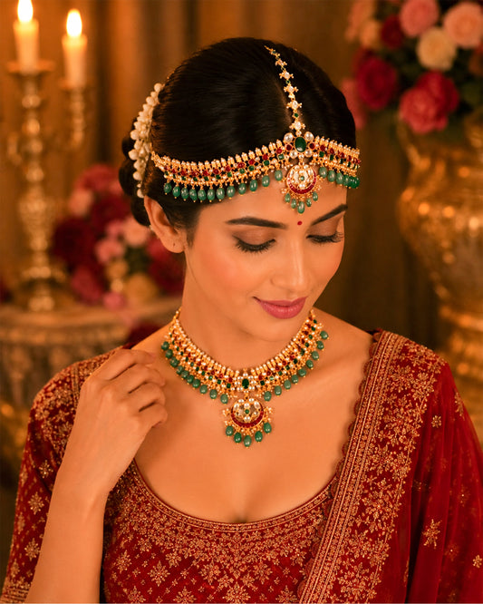 Gold Kundan Pearl Bridal Sheeshpatti Matha Patti Headpiece, Red Green Wedding Jewelry