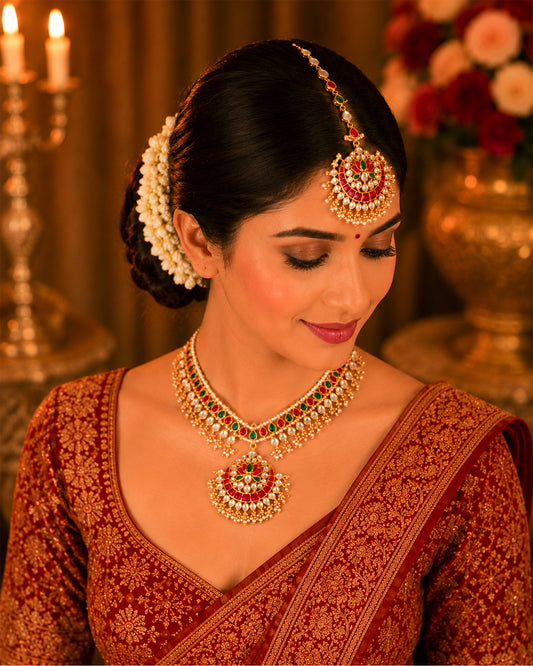 Bridal Kundan Sheeshpatti Matha Patti with Pendant, Indian Wedding Head Jewelry, Gold Pearl Multicolor Headpiece