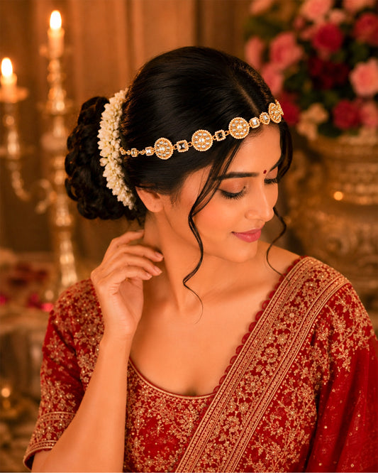 Handmade Gold-Plated Kundan Pearl Bridal Sheeshpatti Maang Tikka Headpiece Jewelry For Wife