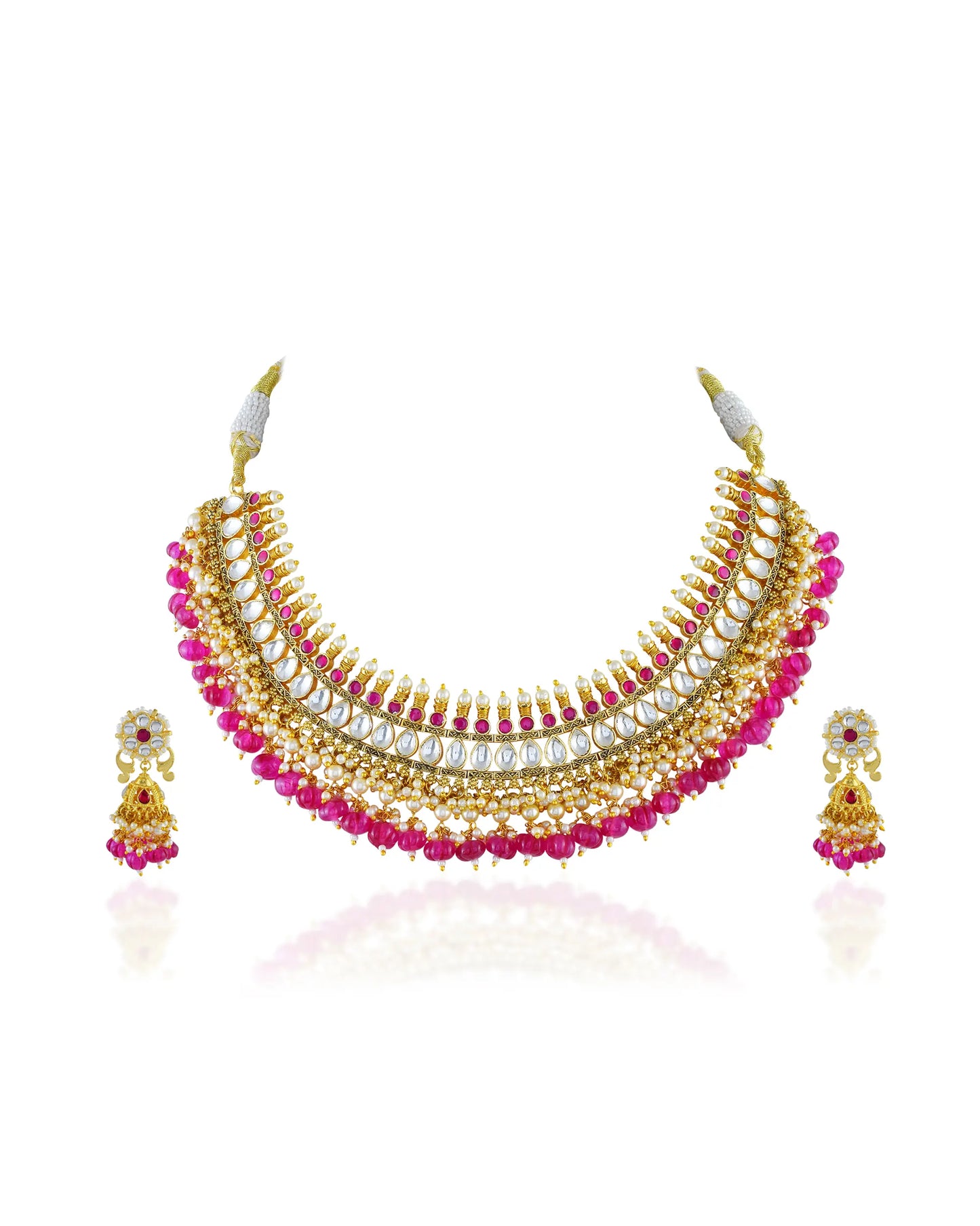 Gold Kundan Choker Necklace Set with Pink Beads, Pearls, Traditional Bridal Jewelry