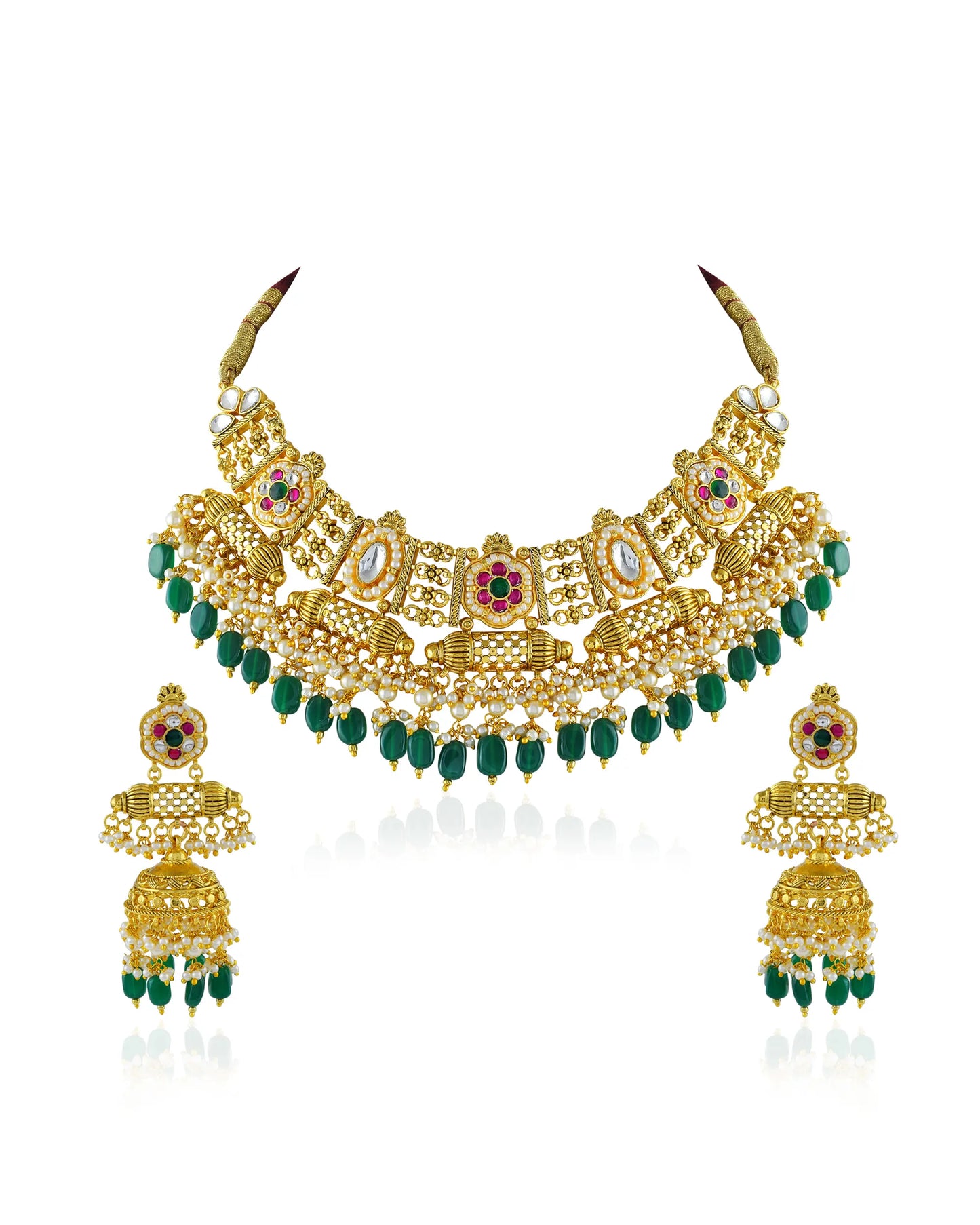 Bridal Kundan Necklace Set, Gold Plated Choker, Green Beaded Indian Wedding Jewelry