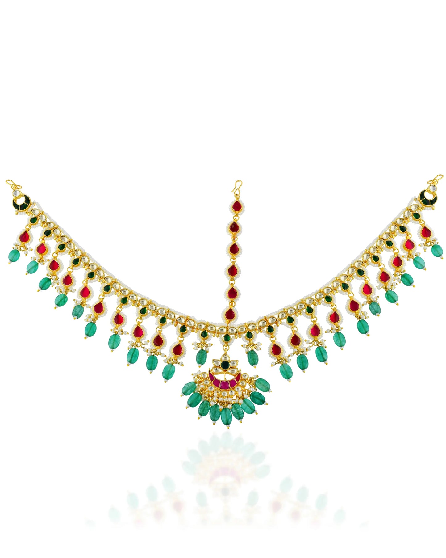 Indian Bridal Kundan Pearl Sheeshpatti Matha Patti Headpiece, Gold Wedding Tikka with Ruby & Green Stones, Bridal Hair Accessory