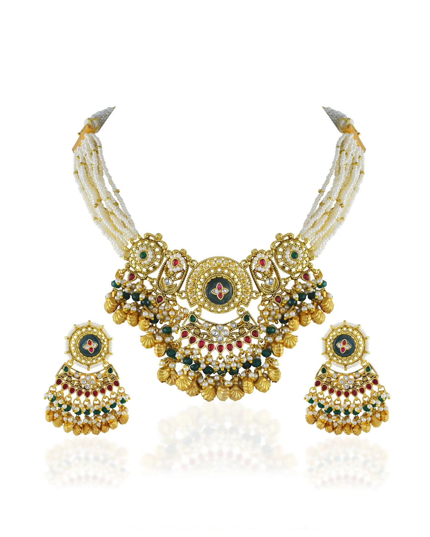 Antique Gold Kundan Meenakari Choker Necklace Set with Earrings, Indian Bridal Jewelry