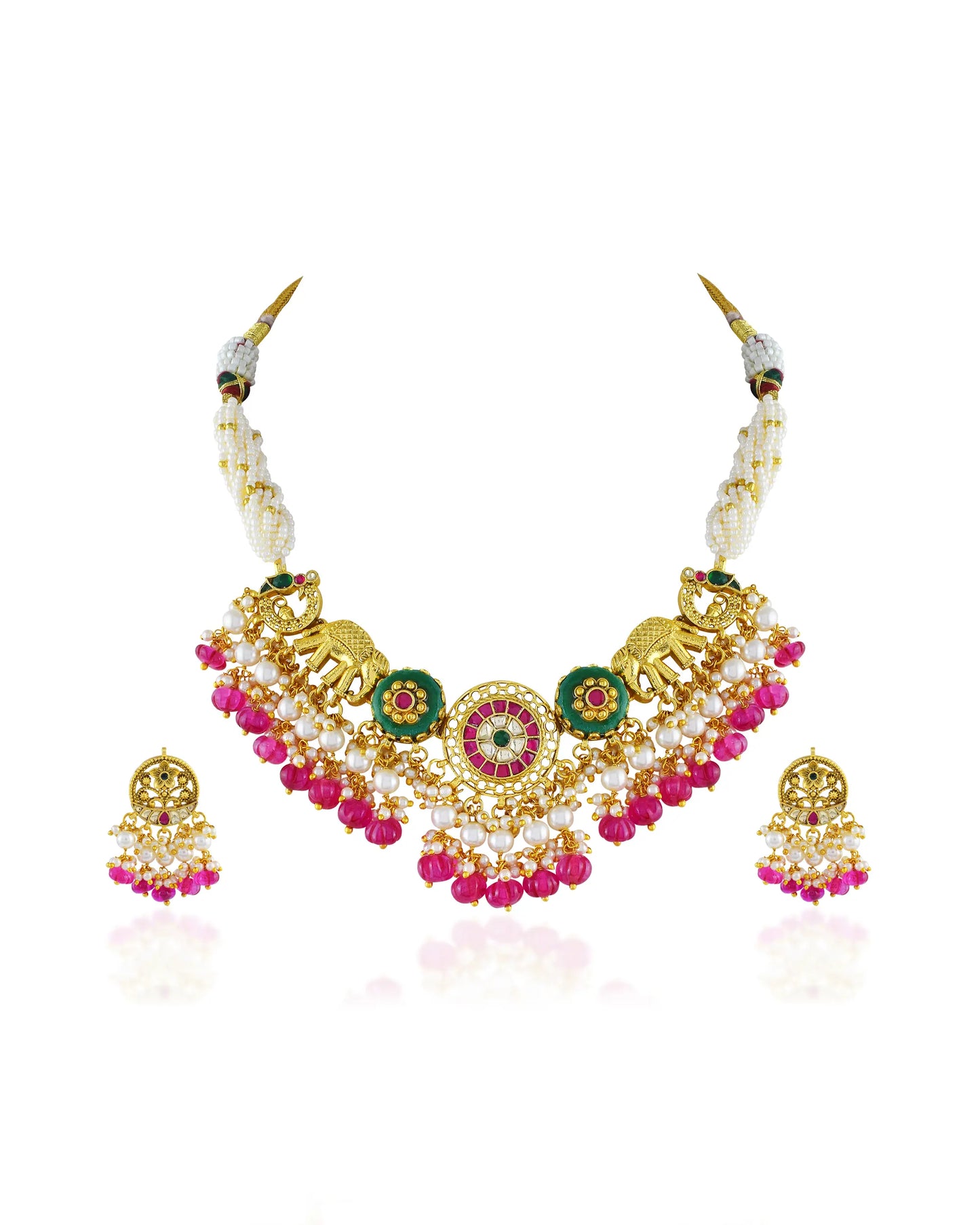 Antique Gold Pearl Necklace Set, Pink Green Stones, Traditional Indian Bridal Jewelry