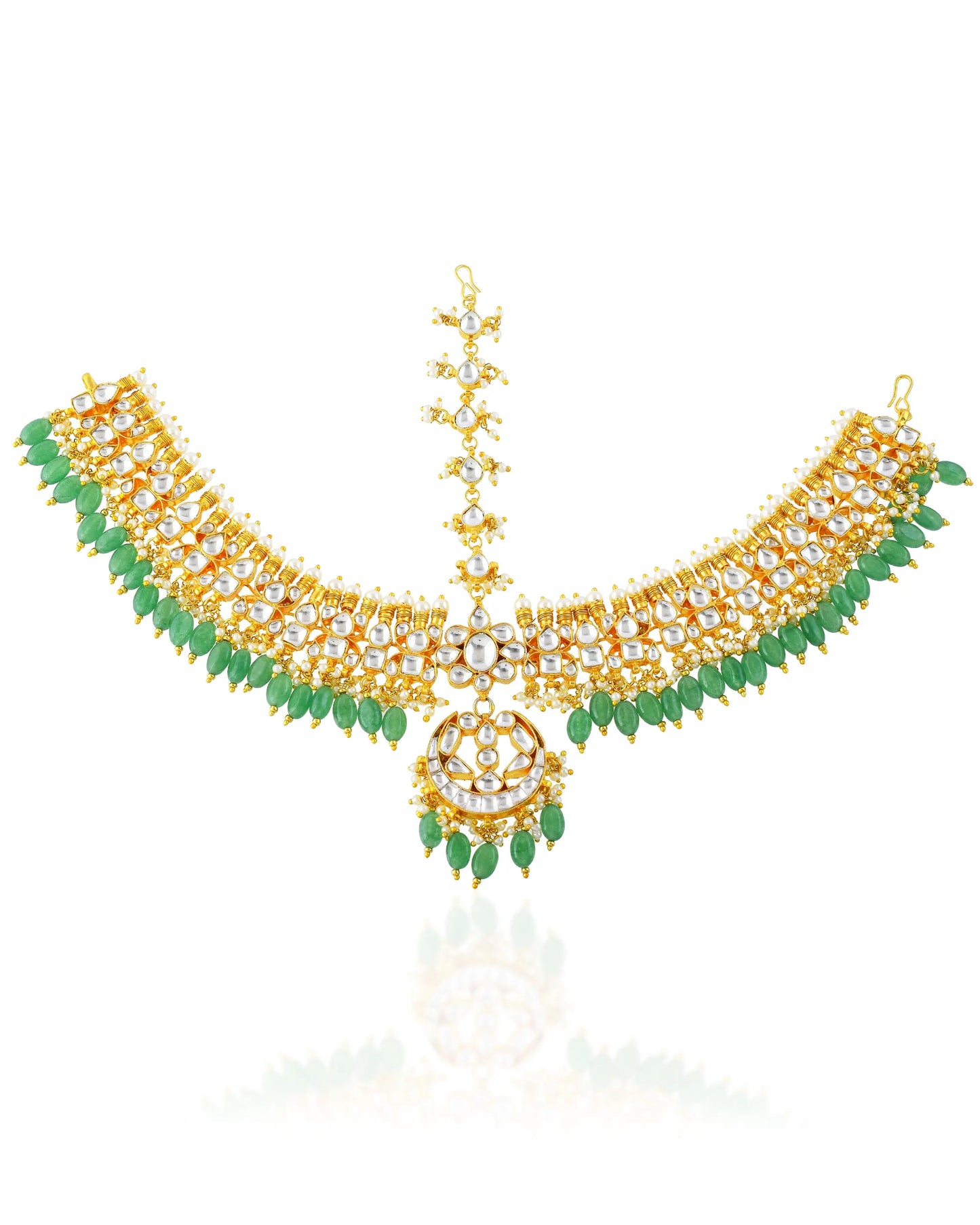 Gold Kundan Pearl Maang Tikka Set, Indian Bridal Headpiece, Wedding Jewelry