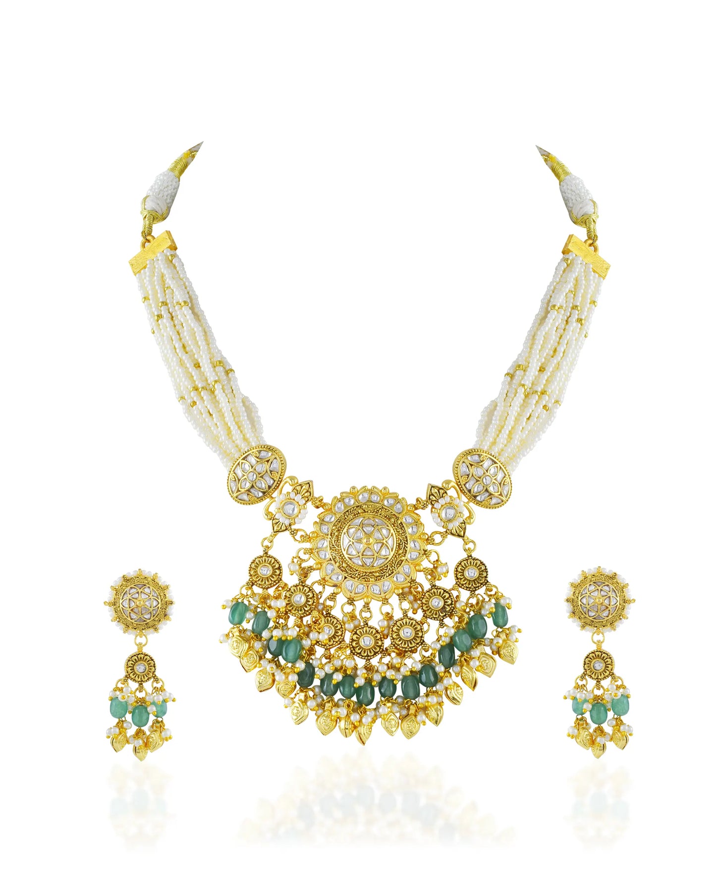 Kundan Pearl Bridal Necklace Set, Green Stone Indian Wedding Jewelry, Gold Ethnic Statement Earrings