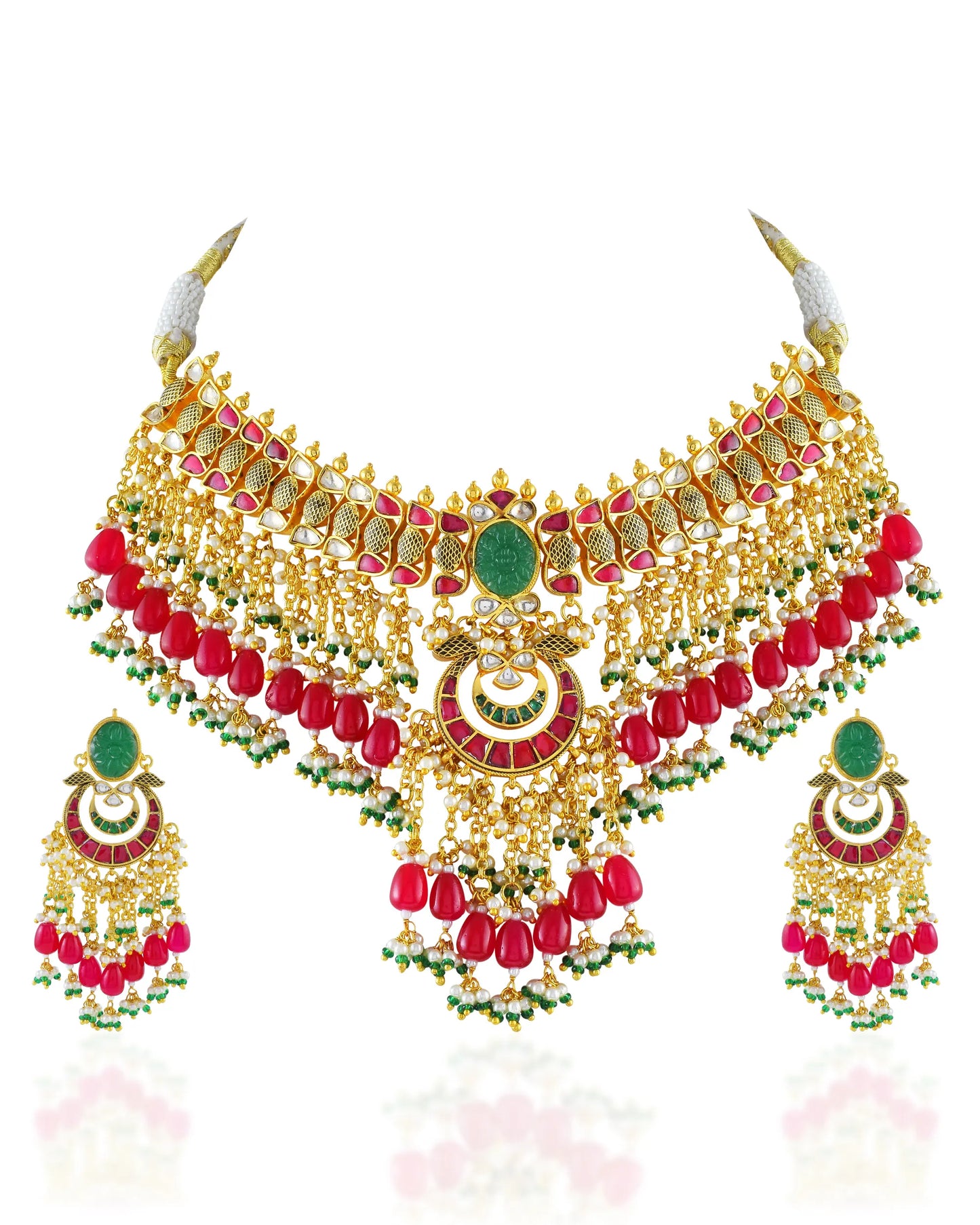 Traditional Regal Kundan Choker Set with Ruby Red and Emerald Green Hanging Beads