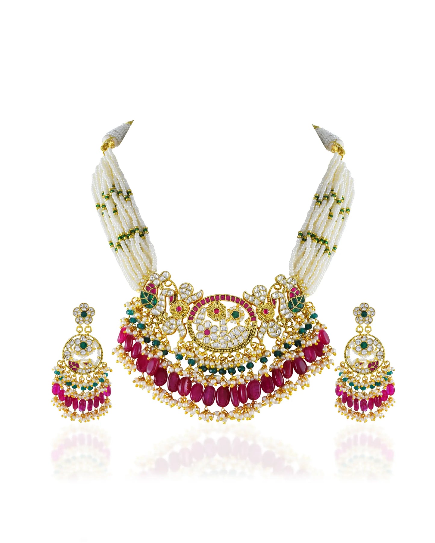 Indian Kundan Choker Necklace Set, Bridal Pearl Jewelry with Pink Green Stones