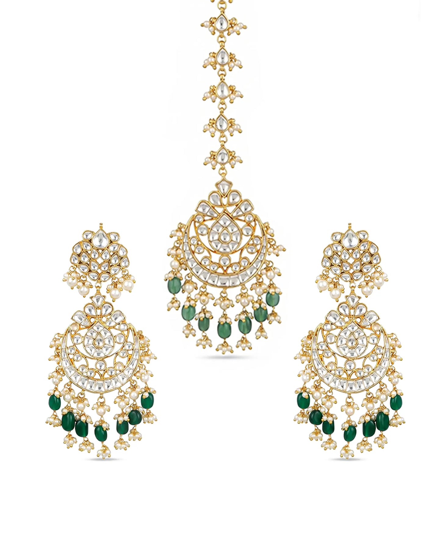 Classic Handmade White Kundan Pearl Maang Tikka & Earrings Set with Green Beads Jewelry