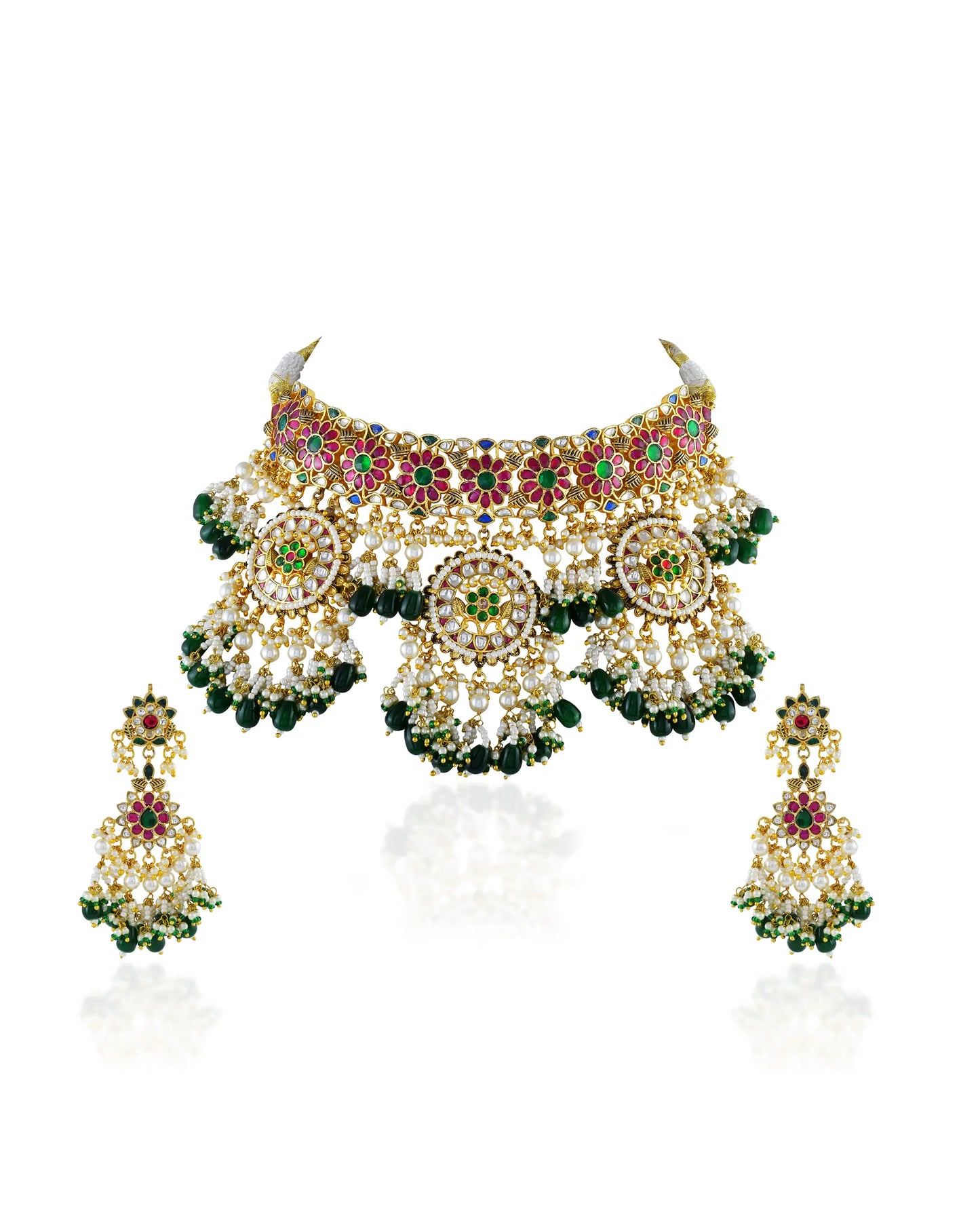 Bridal Antique Gold Choker Necklace Set with Earrings Kundan Meenakari and Green Beads