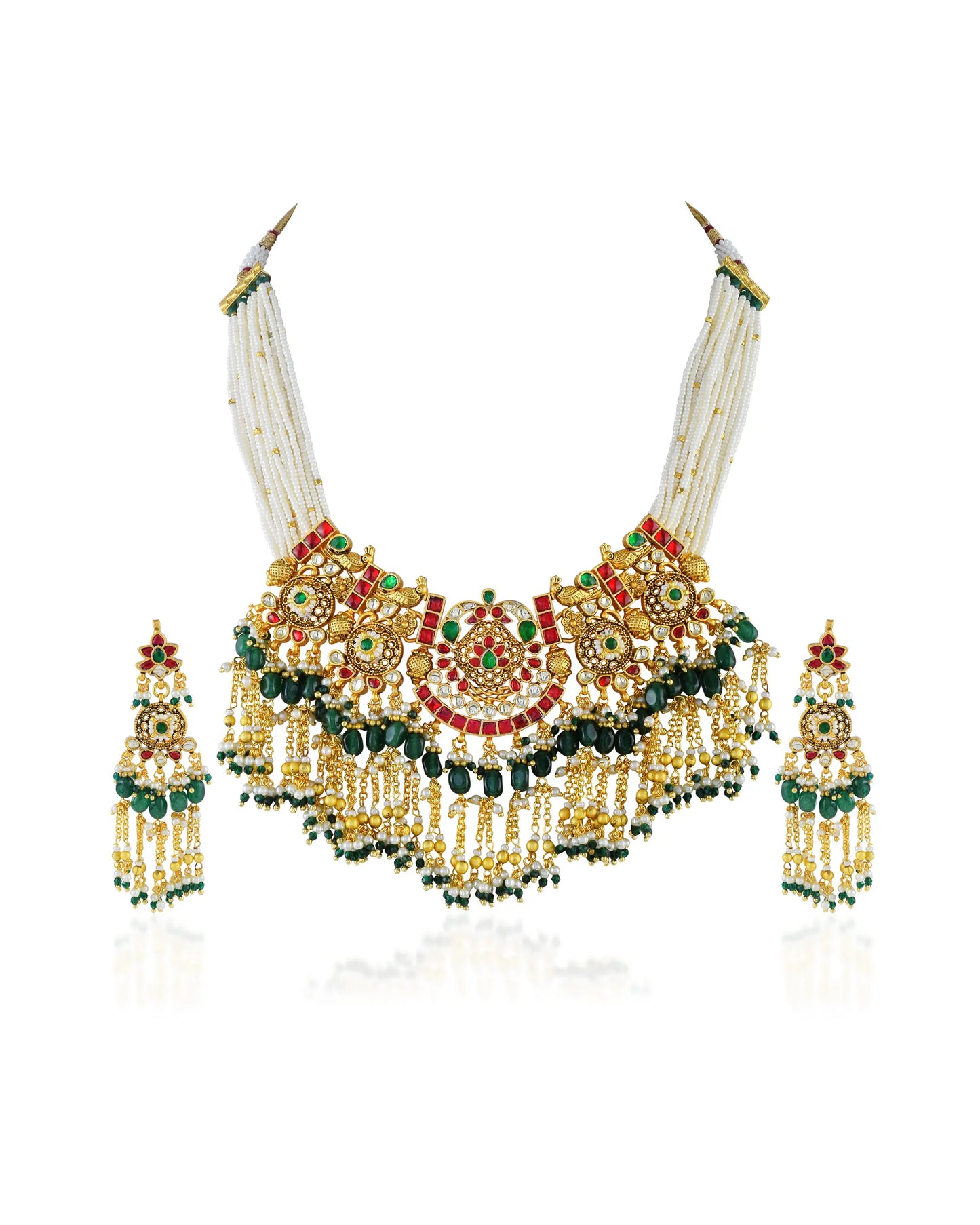 Gold Plated Kundan Necklace Set, Indian Wedding Bridal Jewelry, Pearl Choker Earrings